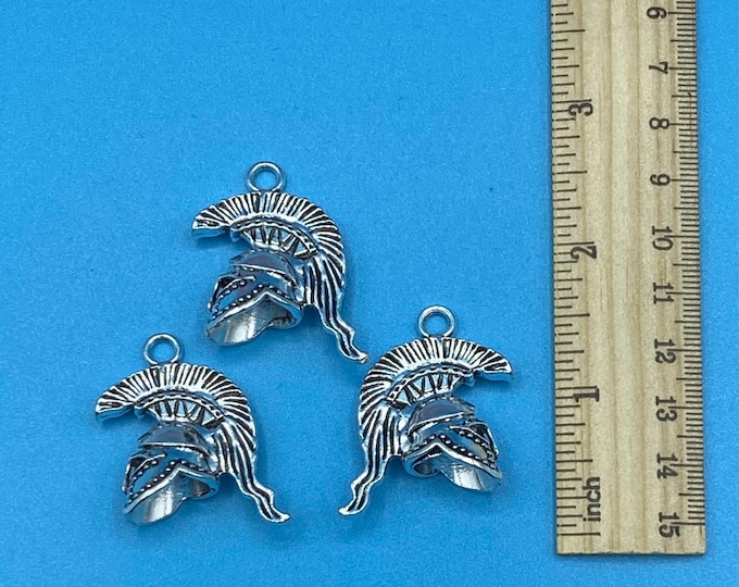 Large Roman Centurion Gladiator Helmets with Plume Charm Pendant in Silver - Set of Three