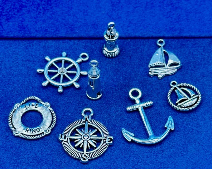 Traditional Silver Shipping Nautical and Seafaring Pendant Charms - Set of Eight