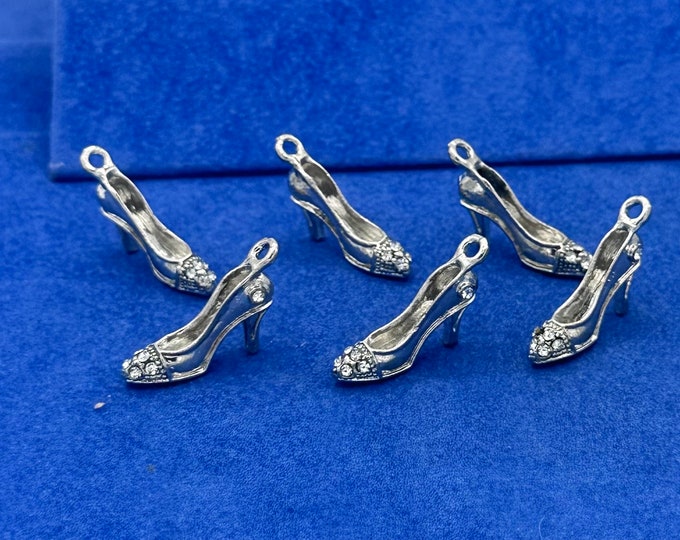 Antique Silver and Diamanté High Heel Court Shoes Charms Pendants - Set of Six