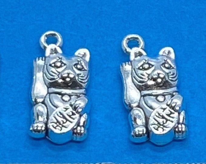 Silver Maneki Neko Lucky Cat Charm Pendent - Set of Four
