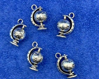 Small Silver Traditional Rotating Globe Charm Pendant Set of Five