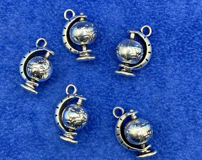 Small Silver Traditional Rotating Globe Charm Pendant Set of Five