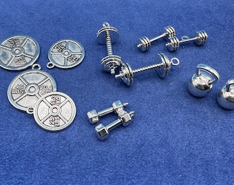 Silver Gym Weight Lifting Fitness Equipment Charms Pendants - Set of Twelve