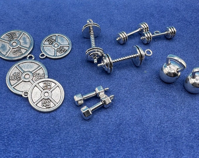 Silver Gym Weight Lifting Fitness Equipment Charms Pendants - Set of Twelve