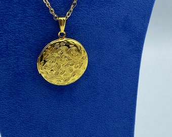 Bright Yellow Gold Round Photo Locket With Detailed Engraved Floral Design with Necklace.