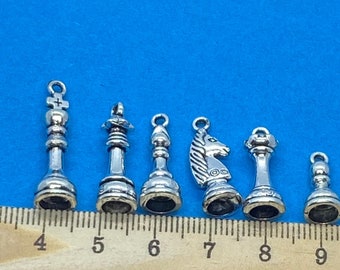 Set of Silver Chess Pieces Charm Pendants  - Set of Six