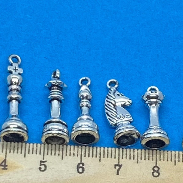 Set of Silver Chess Pieces Charm Pendants  - Set of Six