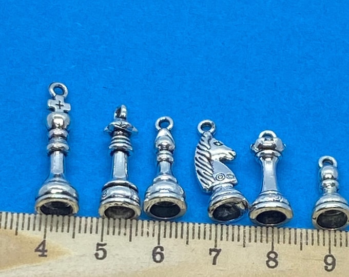 Set of Silver Chess Pieces Charm Pendants  - Set of Six