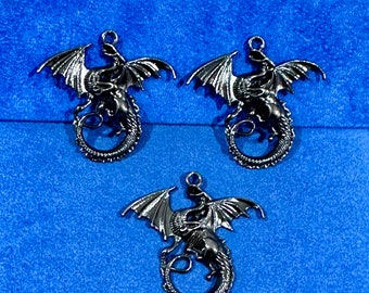 Large Gunmetal Silver Winged Dragon Charm Pendant ~ Set of Three