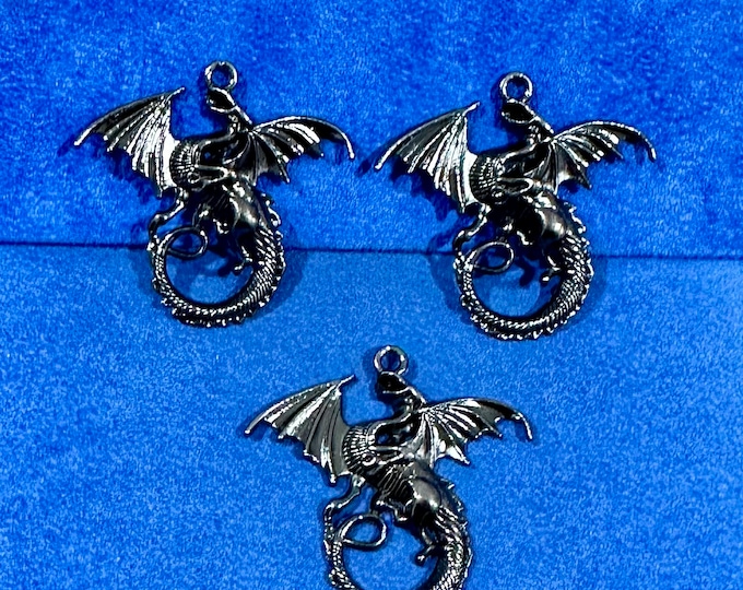 Large Gunmetal Silver Winged Dragon Charm Pendant ~ Set of Three