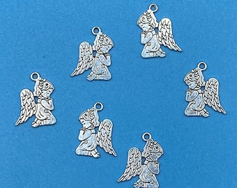 Silver Retro Style Kneeling Angel at Prayer Charm Pendent  - Set of Six