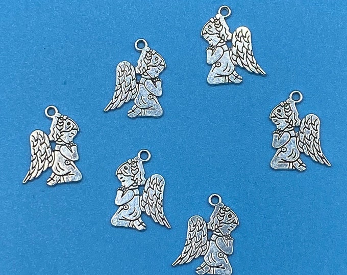 Silver Retro Style Kneeling Angel at Prayer Charm Pendent  - Set of Six