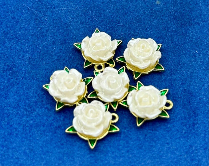 White English Tea Roses Resin, Enamel and Gold Flower Charm Pendants - Set of Six