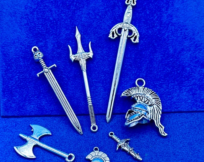 Silver Gladiator & Roman Set of Warrior Fantasy Weapons Charm Pendants - Set of Seven