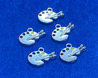 Mini Silver and Enamel Artist Palette and Brushes Charm Pendants - Set of Five