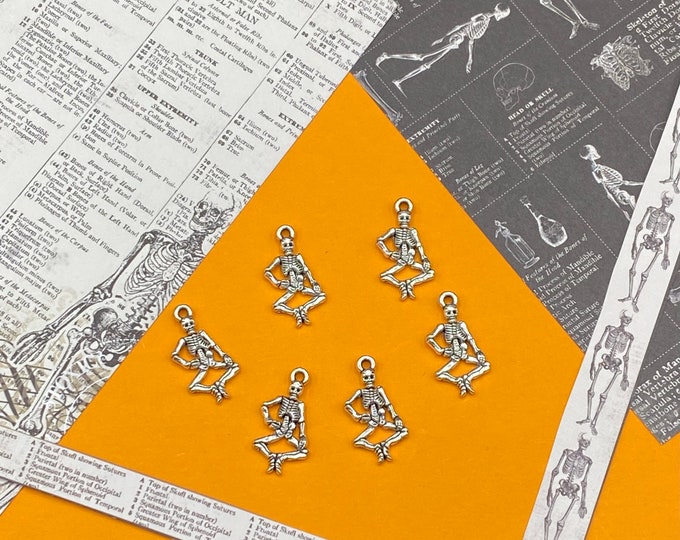 Halloween Gothic Silver Dancing Skeleton Charm Pendants - Set of Six