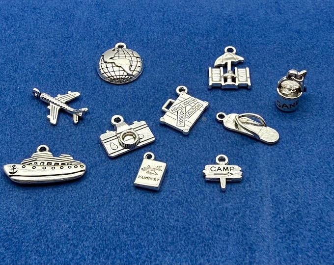 Silver Holiday Travel Charm Set: Vacation Mementos - Set of Ten
