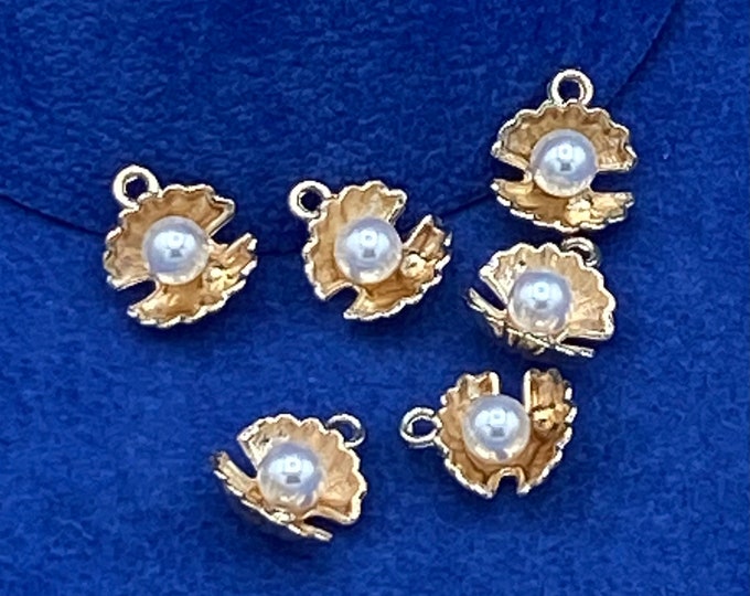 Pale Gold Oyster Seashell with Faux Pearl Charm Pendant ~ Set of Six.