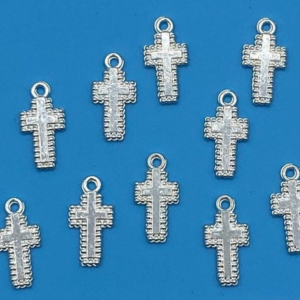 Bright Silver Traditional Cross with Pretty Edge Charm Pendents  ~ Set of Ten
