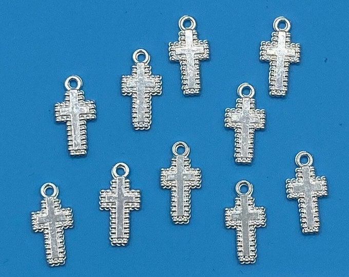 Bright Silver Traditional Cross with Pretty Edge Charm Pendents  ~ Set of Ten