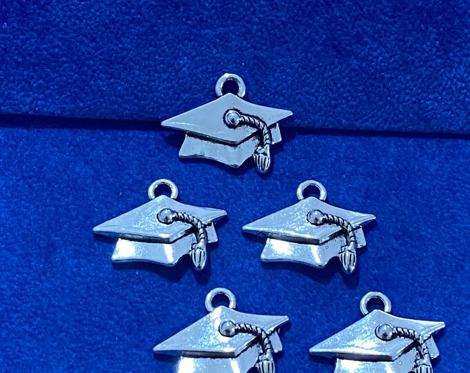 Large Silver Graduation Mortar Board And Tassel Hat Charm Pendant  ~ Set of Five
