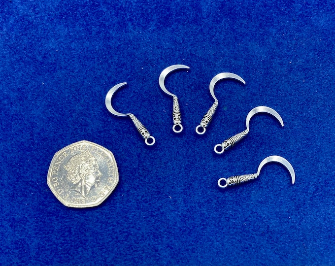 Small Silver Sickle Fantasy Weapon or Tool Charms and Pendants  ~ Set of Five