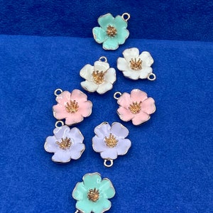 Large Colourful Pastel Enamel and Gold Flower Charm Pendants - Set of Eight