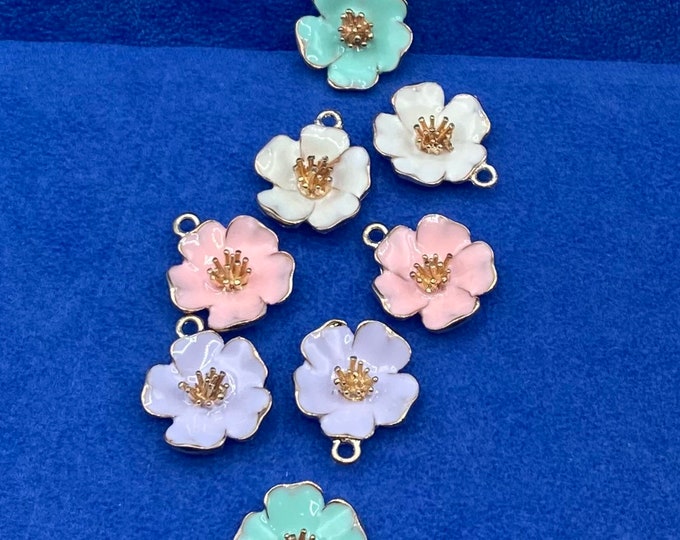 Large Colourful Pastel Enamel and Gold Flower Charm Pendants - Set of Eight