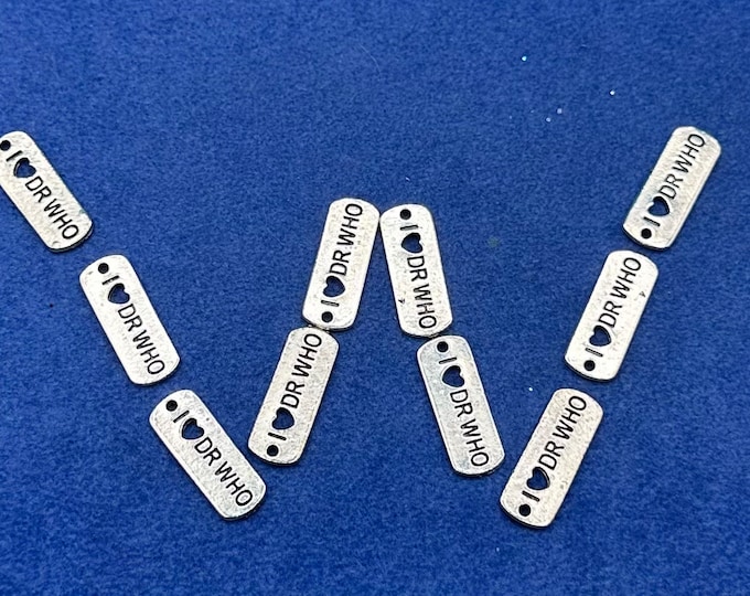 Silver ‘I Love Dr Who’ Mini Word Logo Tag Charm Pendants - Set of Ten