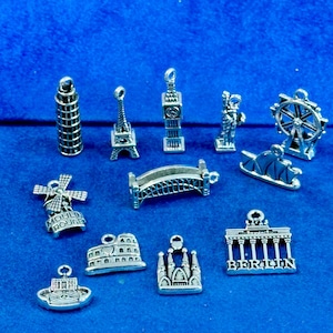Silver World Traveller Monuments and Buildings Charms and Pendants - Set of Twelve