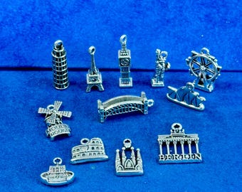 Silver World Traveller Monuments and Buildings Charms and Pendants - Set of Twelve