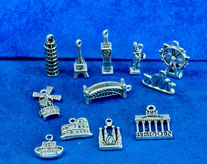 Silver World Traveller Monuments and Buildings Charms and Pendants - Set of Twelve