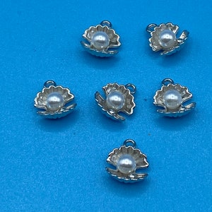 Silver Oyster Seashell with Pearl Charm Pendant  ~ Set of Six.