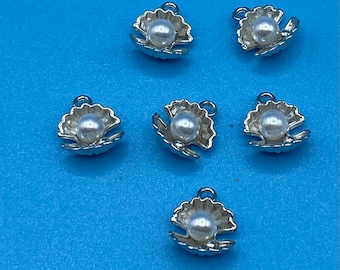 Silver Oyster Seashell with Pearl Charm Pendant  ~ Set of Six.