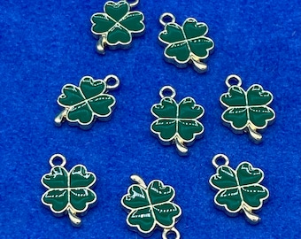 Emerald Green Enamel and Gold  Four Leaf Lucky Clover Charm Pendents - Set of Eight