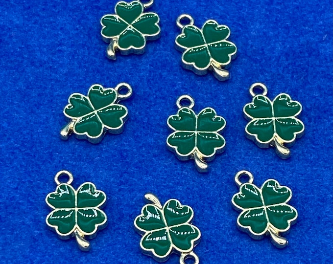 Emerald Green Enamel and Gold  Four Leaf Lucky Clover Charm Pendents - Set of Eight