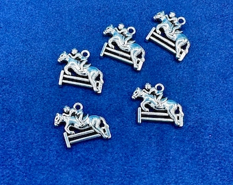 Silver Show Jumping Horse with Rider & Fence Charms and Pendants  - Set of Five