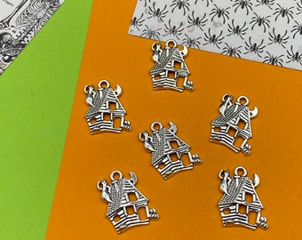 Silver Halloween Haunted House & Ghosts Charm Pendents - Set of Six