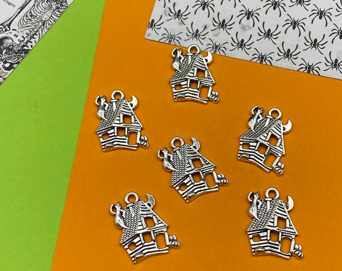 Silver Halloween Haunted House & Ghosts Charm Pendents - Set of Six