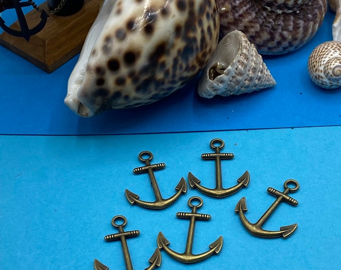 Large Antique Brass Ships Anchor Pendant Charms ~ Set of Five