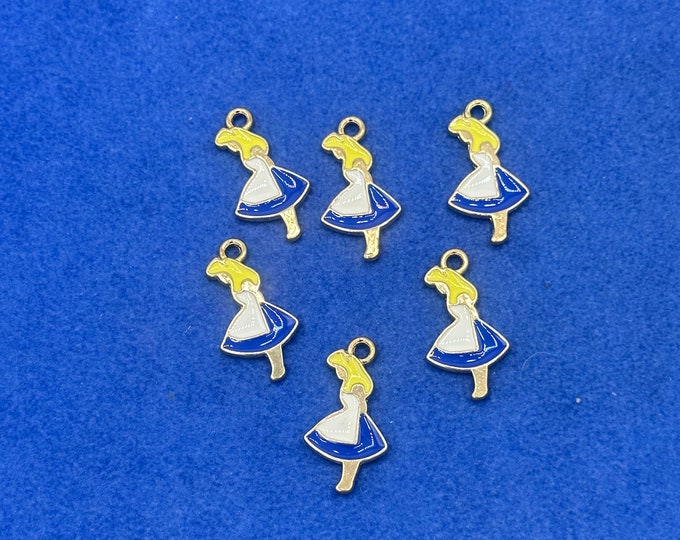 Blue and White Enamel on Gold Alice Charm Pendant From Alice’s Adventures In Wonderland ~ Set of Six.