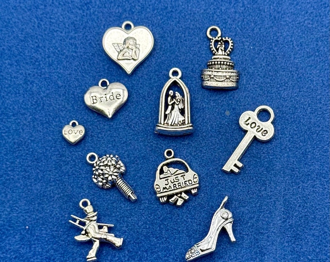 Silver Wedding Charm Pendants: Lucky Bridal Charms, Set of 10