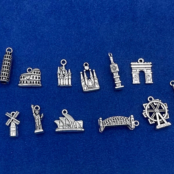 Charms et pendentifs en argent pour monuments et bâtiments des voyageurs du monde - Ensemble de douze