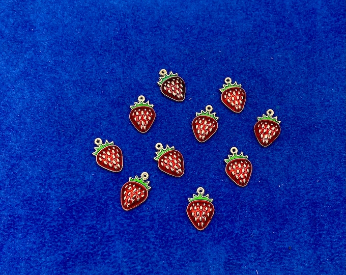 Retro Summer Strawberry in Red Enamel andGold Charm Pendant ~ Set of Ten