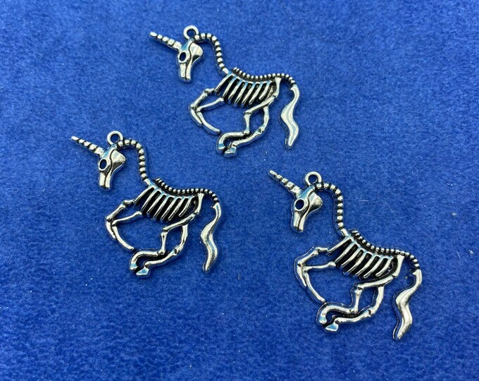 Large Silver Halloween Skeleton Unicorn Charms Pendants ~ Set of Three