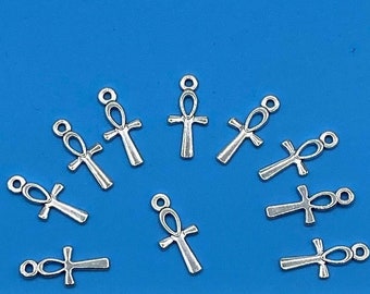 Small Silver Egyptian Ankh Key of Life Charm Pendants - Set of Ten