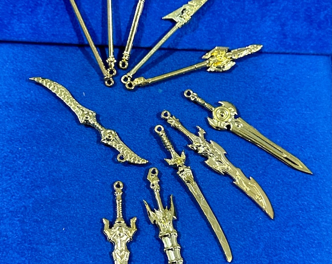 Bright Gold Fantasy and Gaming Weapons Set Charms Pendants  ~  Set of Eleven