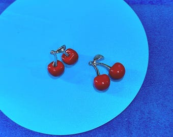 Large Vintage Retro Bright Red Double Cherries Charm Pendants - 2 pairs - 4 cherries