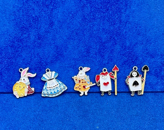 Gold & Enamel Alice Charm and Pendants From Alice’s Adventures In Wonderland ~ Set of Five