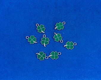 Emerald Green Enamel and Silver Four Leaf Lucky Clover Charm Pendents - Set of Eight